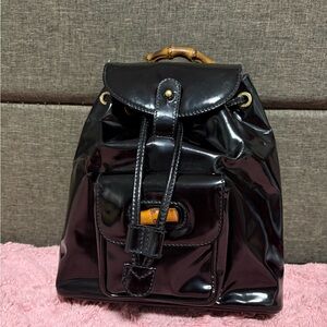 Gucci Vintage Bamboo Black Patent Leather Backpack